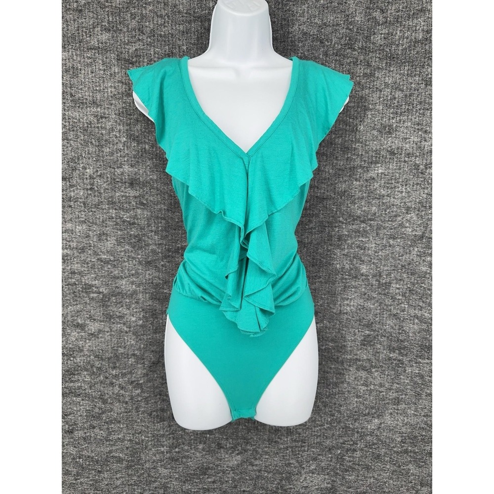 Lilly Pulitzer Bodysuit Womens Small Green Ruffle V Neck‎ Pima Cotton Modal
